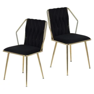 Set van 2 fluwelen eetkamerstoelen - met comfortabele kussens en handgeweven rugleuning - stevige gouden metalen poten - z...