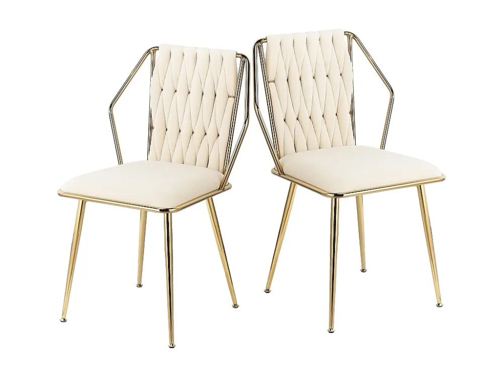 Set van 2 fluwelen eetkamerstoelen - met comfortabele kussens en handgeweven rugleuning - stevige gouden metalen poten - b...