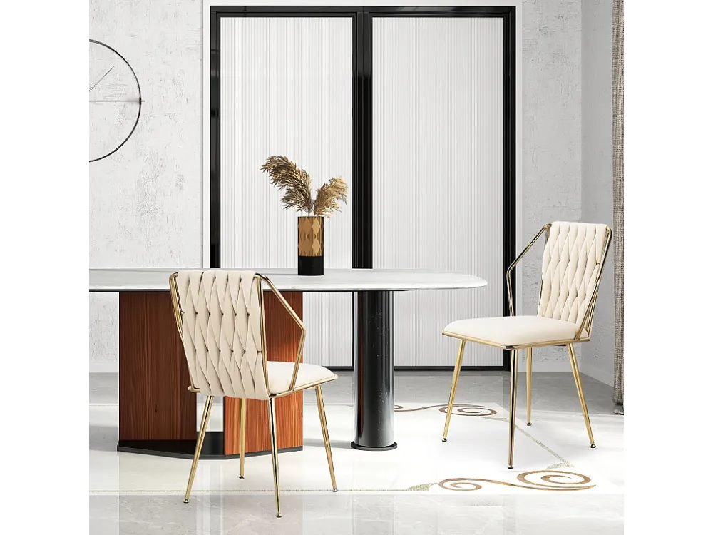 Set van 2 fluwelen eetkamerstoelen - met comfortabele kussens en handgeweven rugleuning - stevige gouden metalen poten - b...