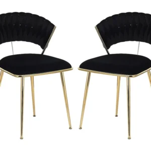 Set van 2 fluwelen gestoffeerde eetkamerstoelen met geweven rug en goudkleurige metalen poten - voor eetkamer, woonkamer,...