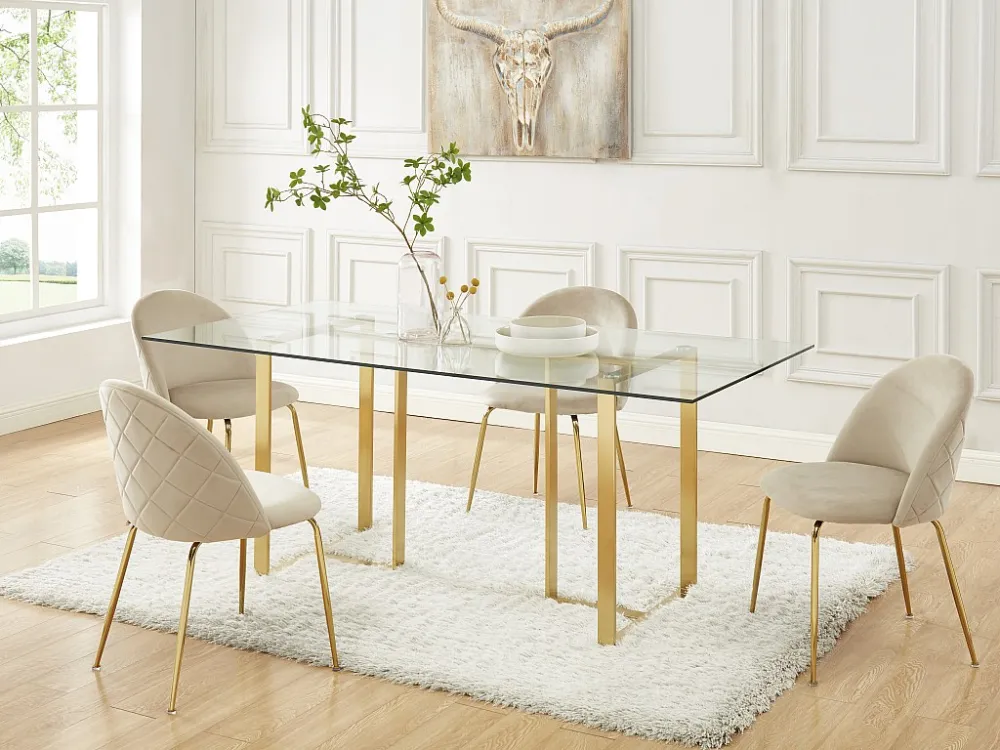 Set van 6 stoelen - Fluweel en goudkleurig metaal - Beige. MELBOURNE