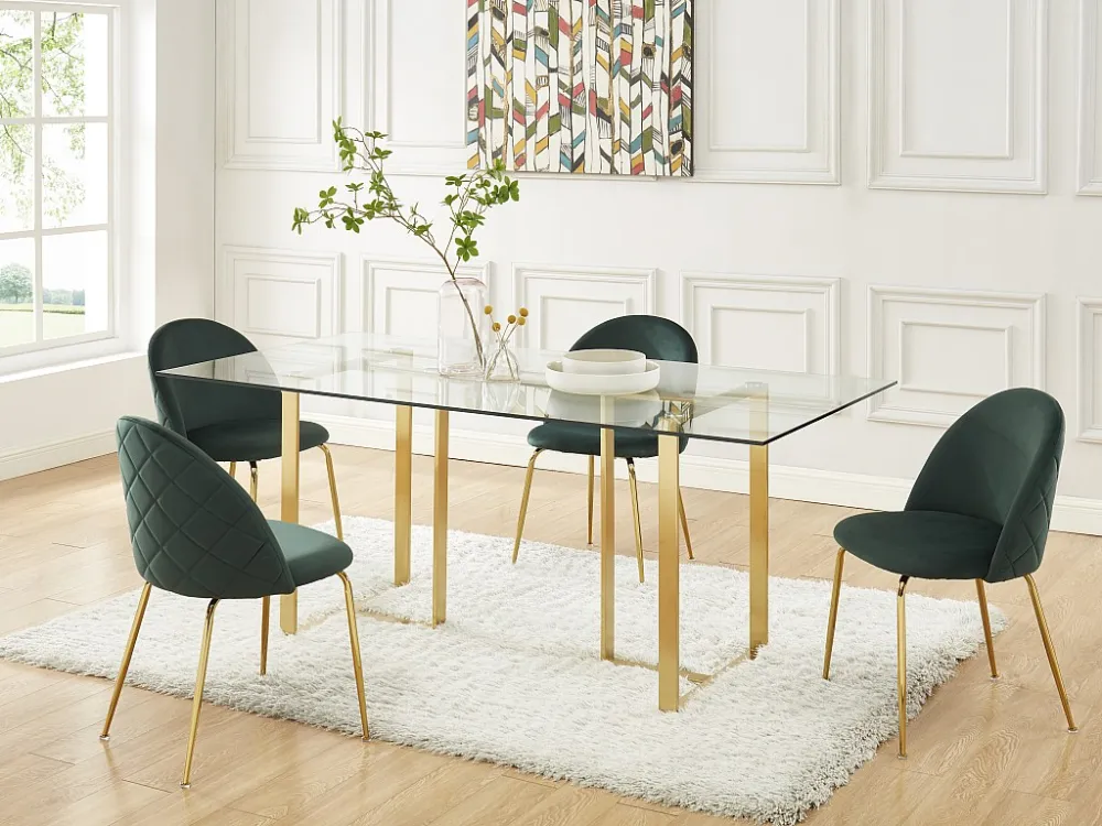 Set van 6 stoelen - Fluweel en goudkleurig metaal - Groen. MELBOURNE