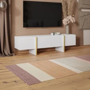 Hangend tv-meubel met 4 deuren van mdf - Wit en goud - LUVONIA