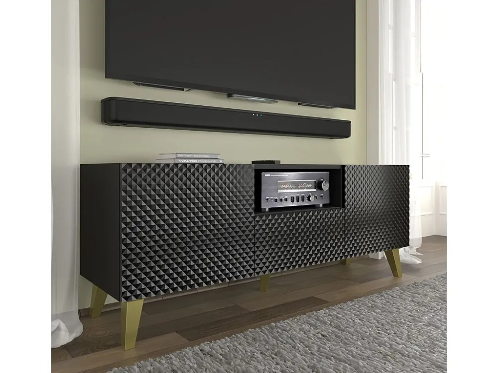 TV-meubel RAVENNA C 150 cm 2D1S glanzend zwart + gouden poten Homlando
