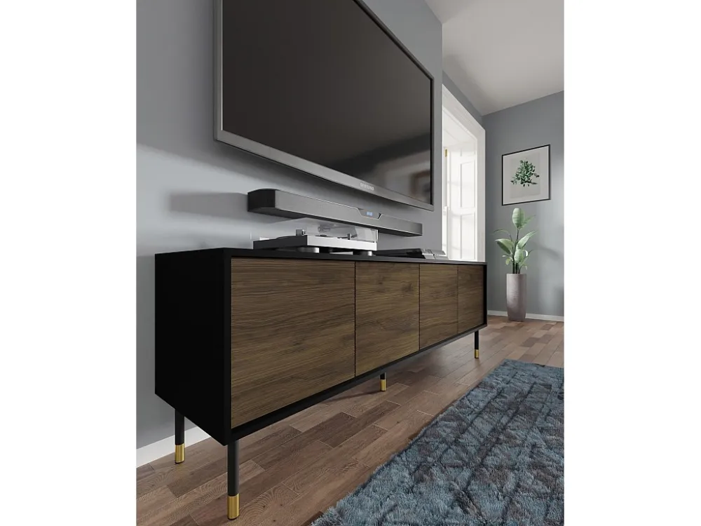 TV-meubel SHERWOOD 4D 180 cm gefreesd op poten mat zwart / catania-eik Homlando
