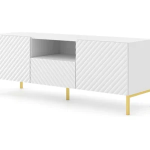 TV-meubel SURF 150 cm 2D1S gefreesd wit mat metalen poten goudkleur Homlando