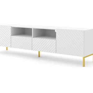 TV-meubel SURF 200 cm 2D2S gefreesd wit mat metalen poten goudkleur Homlando