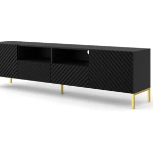 TV-meubel SURF 200 cm 2D2S gefreesd zwart mat metalen poten goudkleur Homlando