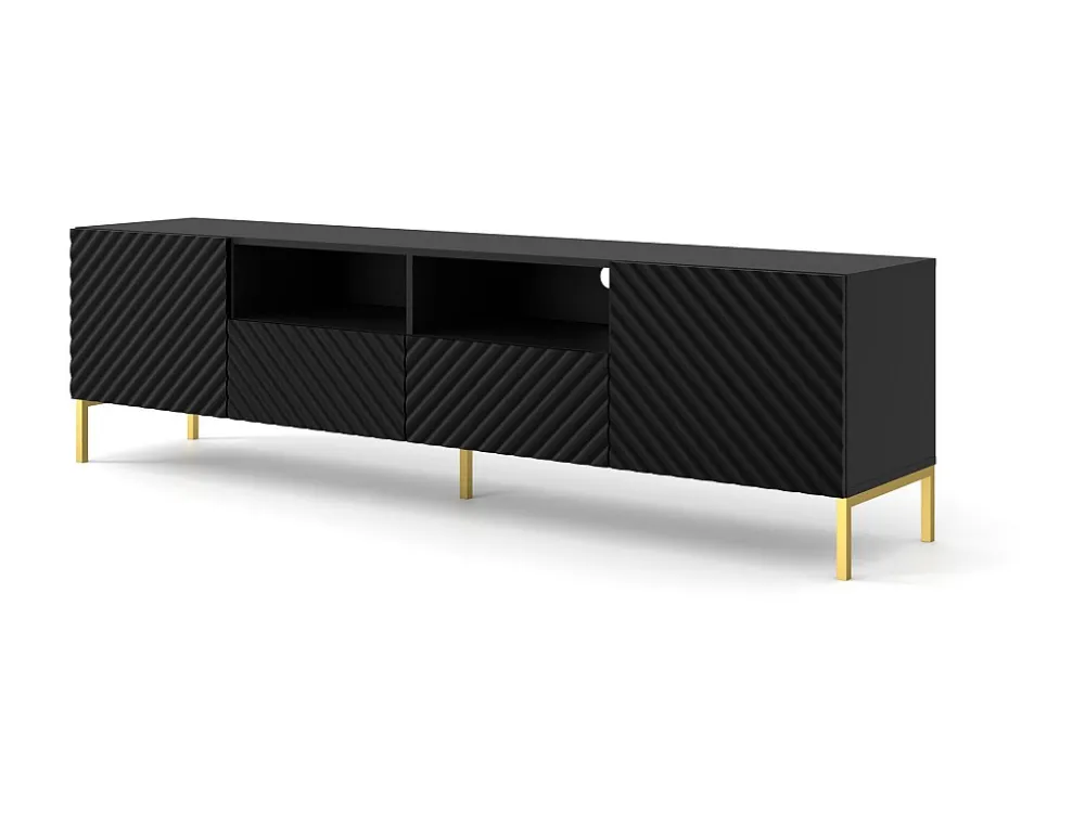 TV-meubel SURF 200 cm 2D2S gefreesd zwart mat metalen poten goudkleur Homlando