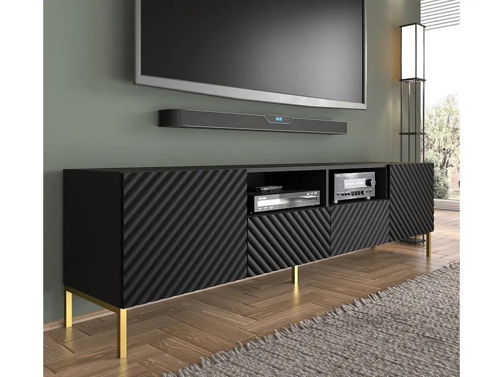 TV-meubel SURF 200 cm 2D2S gefreesd zwart mat metalen poten goudkleur Homlando
