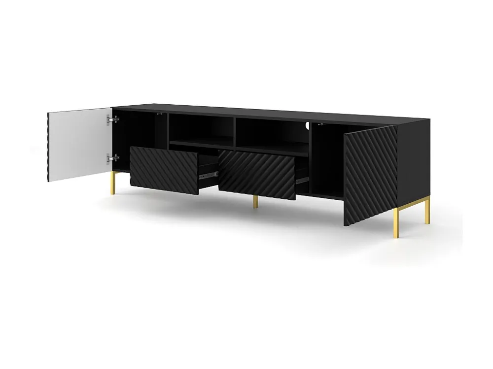 TV-meubel SURF 200 cm 2D2S gefreesd zwart mat metalen poten goudkleur Homlando