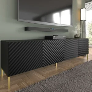 TV-meubel SURF 200 cm 4D gefreesd zwart mat metalen poten goudkleur Homlando