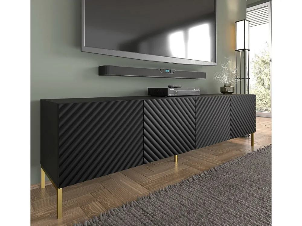 TV-meubel SURF 200 cm 4D gefreesd zwart mat metalen poten goudkleur Homlando