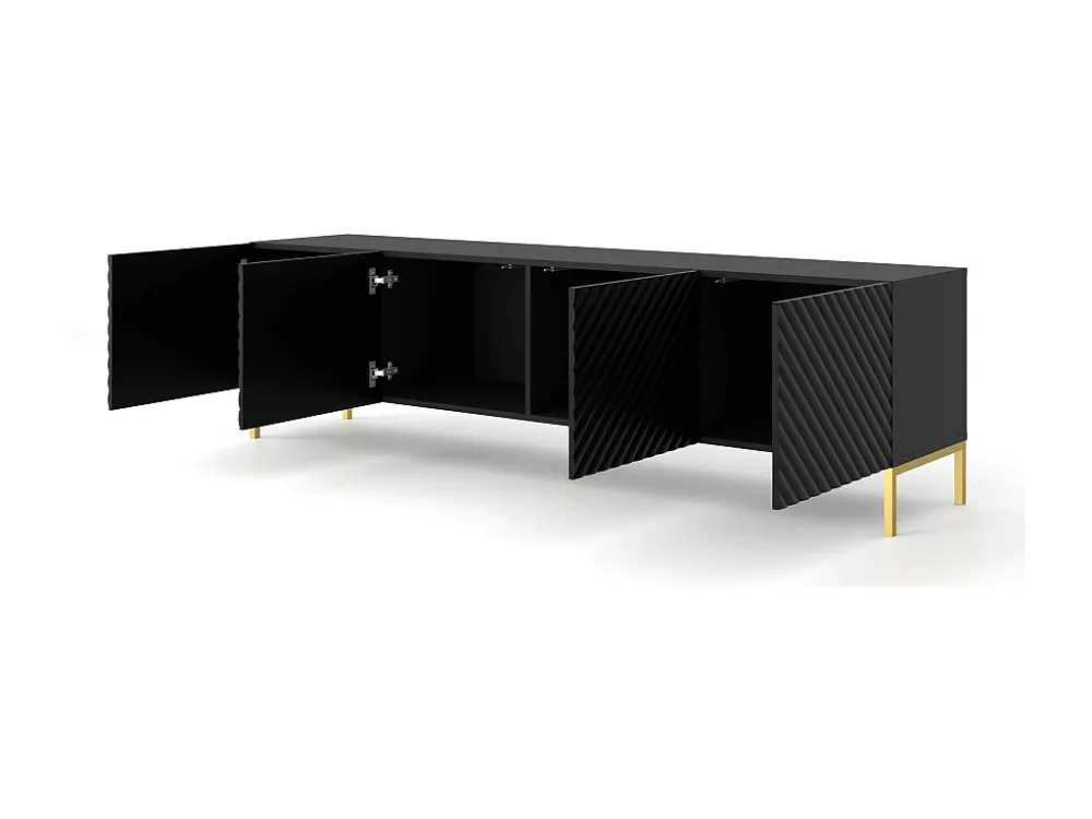 TV-meubel SURF 200 cm 4D gefreesd zwart mat metalen poten goudkleur Homlando