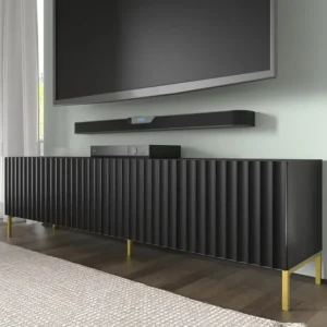 TV-meubel WAVE 200 cm 4D gefreesd zwart mat metalen poten goudkleur Homlando