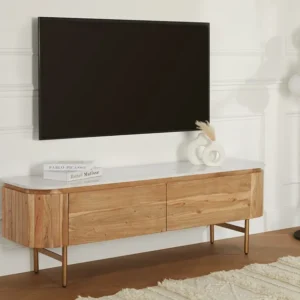 Tv-meubel met 2 deurtjes acaciahout en marmer - Houtlook en wit - BIRUNA Maison Céphy