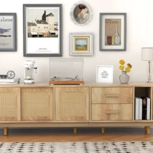 190 cm rotan TV-meubel - 3 deuren, 2 laden en 2 nissen - industriële stijl - eiken Merax