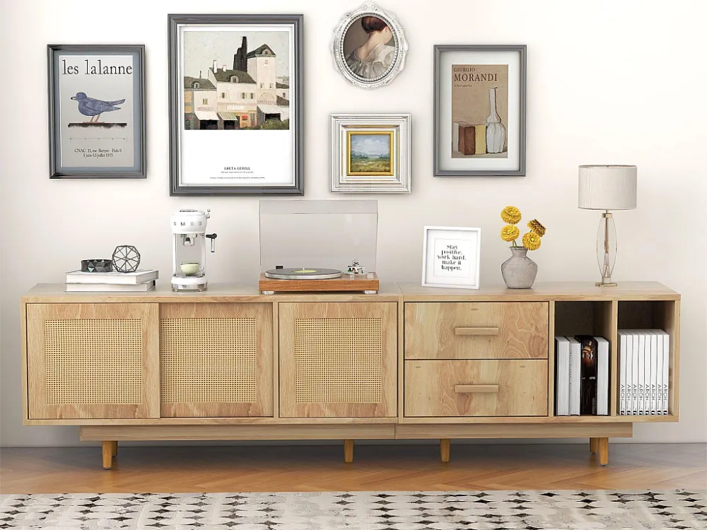 190 cm rotan TV-meubel - 3 deuren, 2 laden en 2 nissen - industriële stijl - eiken Merax