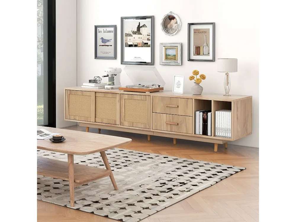 190 cm rotan TV-meubel - 3 deuren, 2 laden en 2 nissen - industriële stijl - eiken Merax