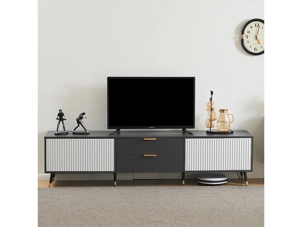 Elegant TV-meubel met 2 lades, 2 deuren en kabeldoorvoeren - 200 x 40 x 50 cm - modern design - grijs en wit Merax