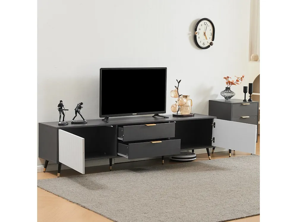 Elegant TV-meubel met 2 lades, 2 deuren en kabeldoorvoeren - 200 x 40 x 50 cm - modern design - grijs en wit Merax