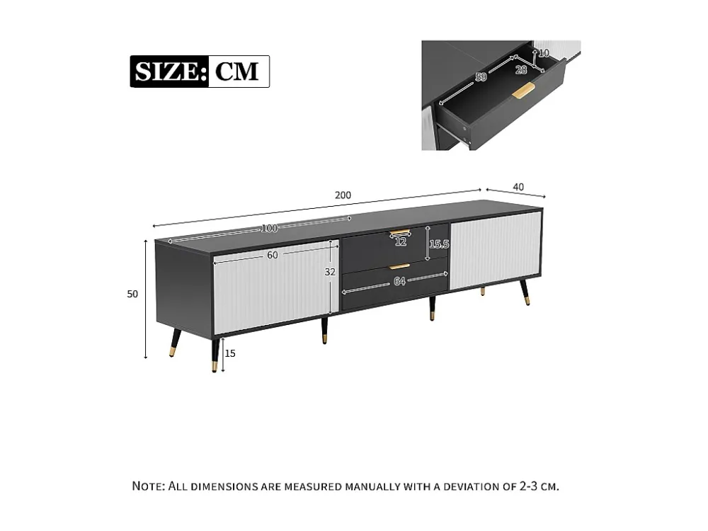 Elegant TV-meubel met 2 lades, 2 deuren en kabeldoorvoeren - 200 x 40 x 50 cm - modern design - grijs en wit Merax