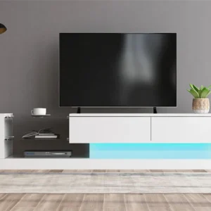 Glanzend TV-meubel met 2 deuren en 2 glazen planken - spaanplaat - LED's - wit Merax