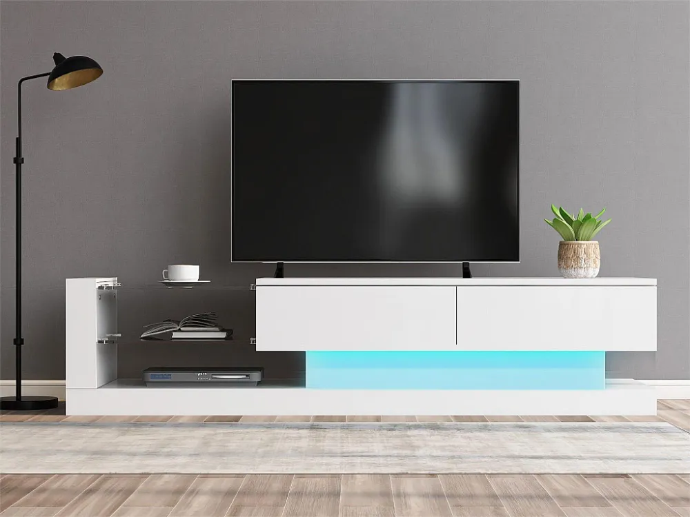 Glanzend TV-meubel met 2 deuren en 2 glazen planken - spaanplaat - LED's - wit Merax
