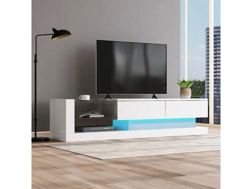 Glanzend TV-meubel met 2 deuren en 2 glazen planken - spaanplaat - LED's - wit Merax
