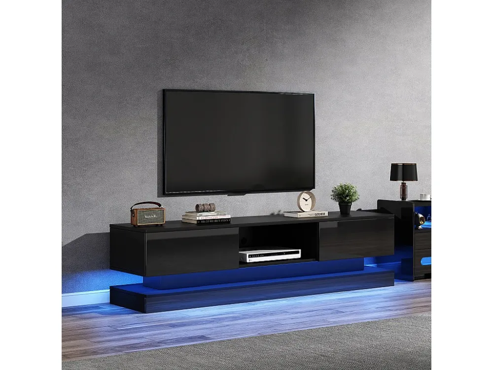 Hoogglans TV-meubel met 2 Laden - 160 x 35 x 40,5 cm - LED's - Spaanplaat - Zwart Merax