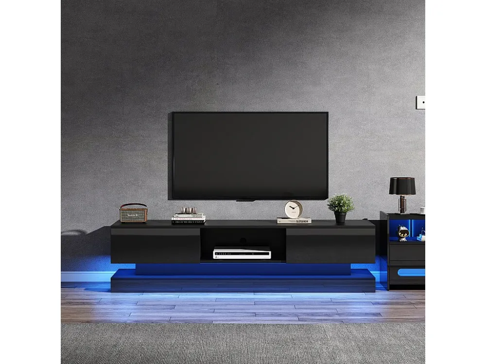 Hoogglans TV-meubel met 2 Laden - 160 x 35 x 40,5 cm - LED's - Spaanplaat - Zwart Merax