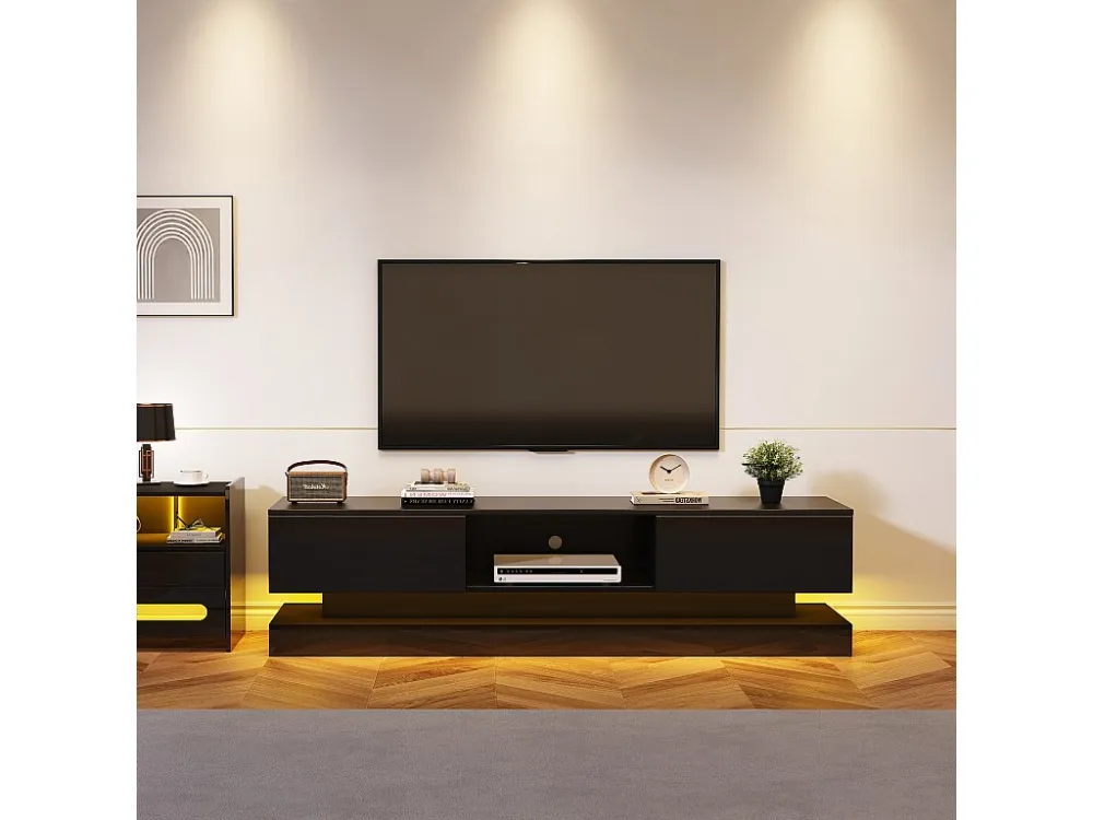 Hoogglans TV-meubel met 2 Laden - 160 x 35 x 40,5 cm - LED's - Spaanplaat - Zwart Merax