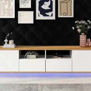 Houten TV-meubel met 2 deuren, 2 lades en 2 nissen tot 80 inch - LED's - voor woonkamer - wit en eiken Merax