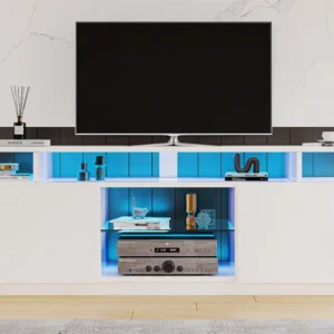 Modern TV-meubel - 2 glazen deuren en vakken - LED verlichting - wit Merax