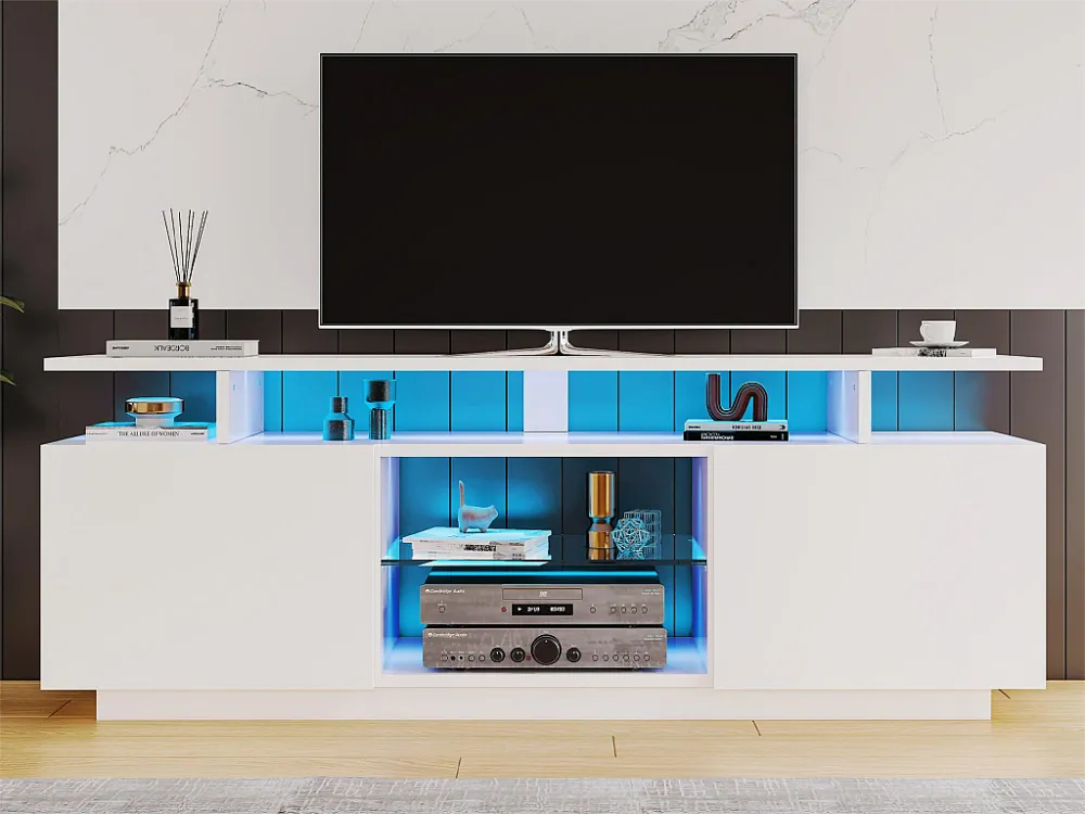 Modern TV-meubel - 2 glazen deuren en vakken - LED verlichting - wit Merax