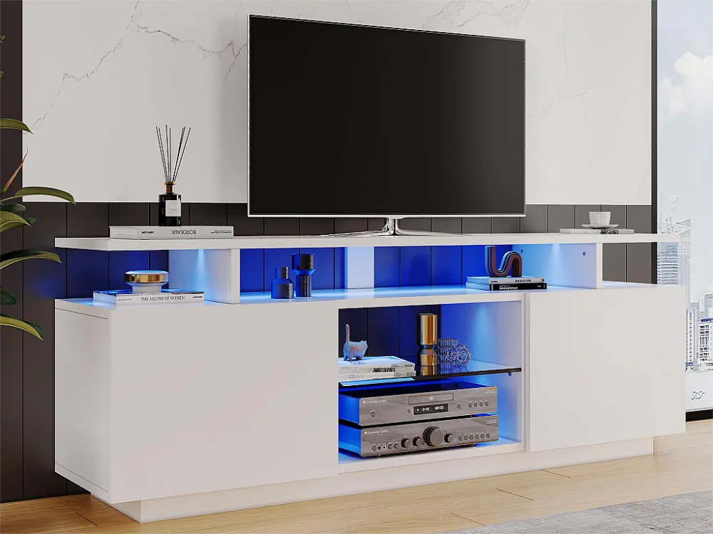 Modern TV-meubel - 2 glazen deuren en vakken - LED verlichting - wit Merax