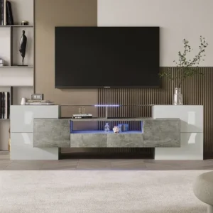 Modern TV-meubel met 4 deuren, 2 laden & 2 nissen - Glanzend witte uitstraling - LED's - Lengte 200cm - Kleur gri...