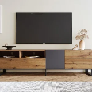 Modern tv-meubel met 2 deuren, 2 laden en 2 nissen - MDF hout en metaal - kleuren eiken en zwart Merax