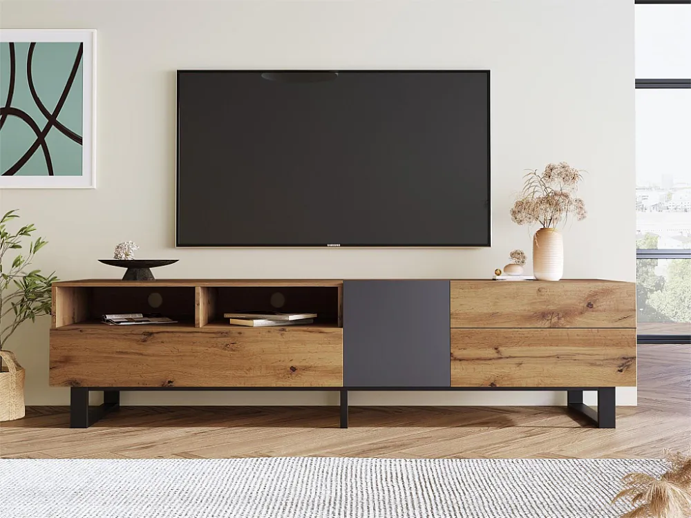 Modern tv-meubel met 2 deuren, 2 laden en 2 nissen - MDF hout en metaal - kleuren eiken en zwart Merax