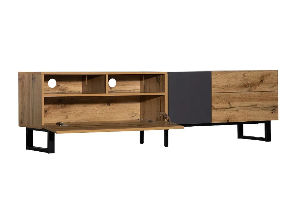Modern tv-meubel met 2 deuren, 2 laden en 2 nissen - MDF hout en metaal - kleuren eiken en zwart Merax