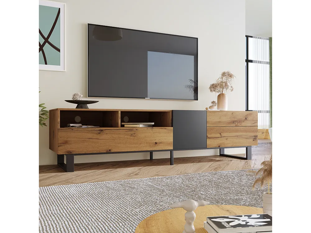 Modern tv-meubel met 2 deuren, 2 laden en 2 nissen - MDF hout en metaal - kleuren eiken en zwart Merax