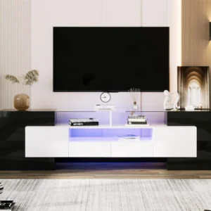 Modern TV-meubel met 4 deuren, 2 lades & 2 nissen - Glanzende uitstraling - LED's - Lengte 200cm - Kleur zwart Merax