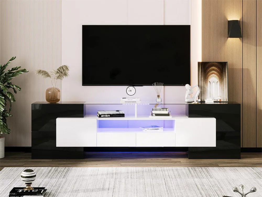 Modern TV-meubel met 4 deuren, 2 lades & 2 nissen - Glanzende uitstraling - LED's - Lengte 200cm - Kleur zwart Merax