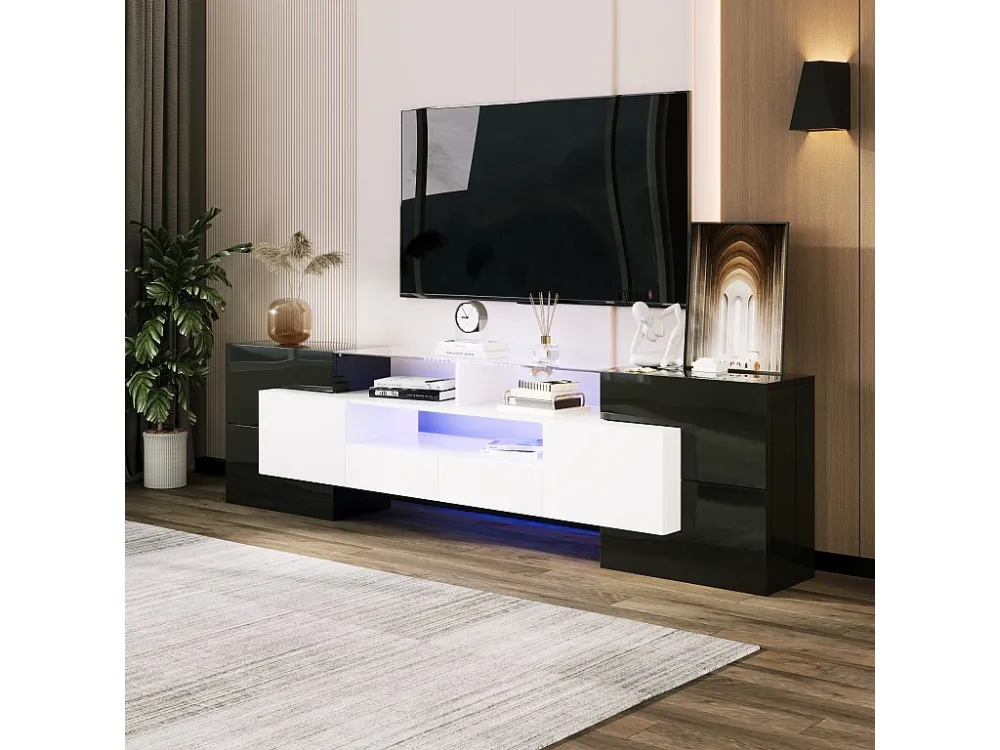 Modern TV-meubel met 4 deuren, 2 lades & 2 nissen - Glanzende uitstraling - LED's - Lengte 200cm - Kleur zwart Merax