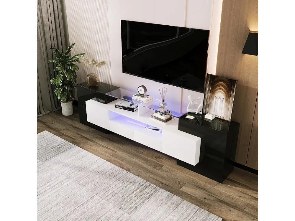 Modern TV-meubel met 4 deuren, 2 lades & 2 nissen - Glanzende uitstraling - LED's - Lengte 200cm - Kleur zwart Merax
