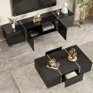 Moderne TV-kast en salontafelset - 170 x 35 x 46 cm + 100 x 60 x 41,5 cm - MDF hout en gouden poten - Glanzend zwart Merax