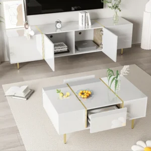 Moderne TV-kast en salontafelset - 170 x 35 x 46 cm + 100 x 60 x 41,5 cm - MDF hout en gouden poten - Glanzend wit Merax