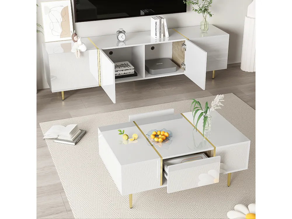 Moderne TV-kast en salontafelset - 170 x 35 x 46 cm + 100 x 60 x 41,5 cm - MDF hout en gouden poten - Glanzend wit Merax