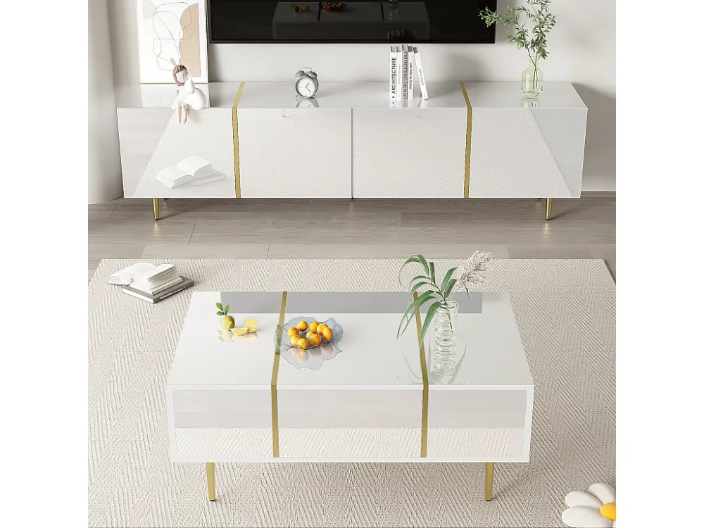 Moderne TV-kast en salontafelset - 170 x 35 x 46 cm + 100 x 60 x 41,5 cm - MDF hout en gouden poten - Glanzend wit Merax