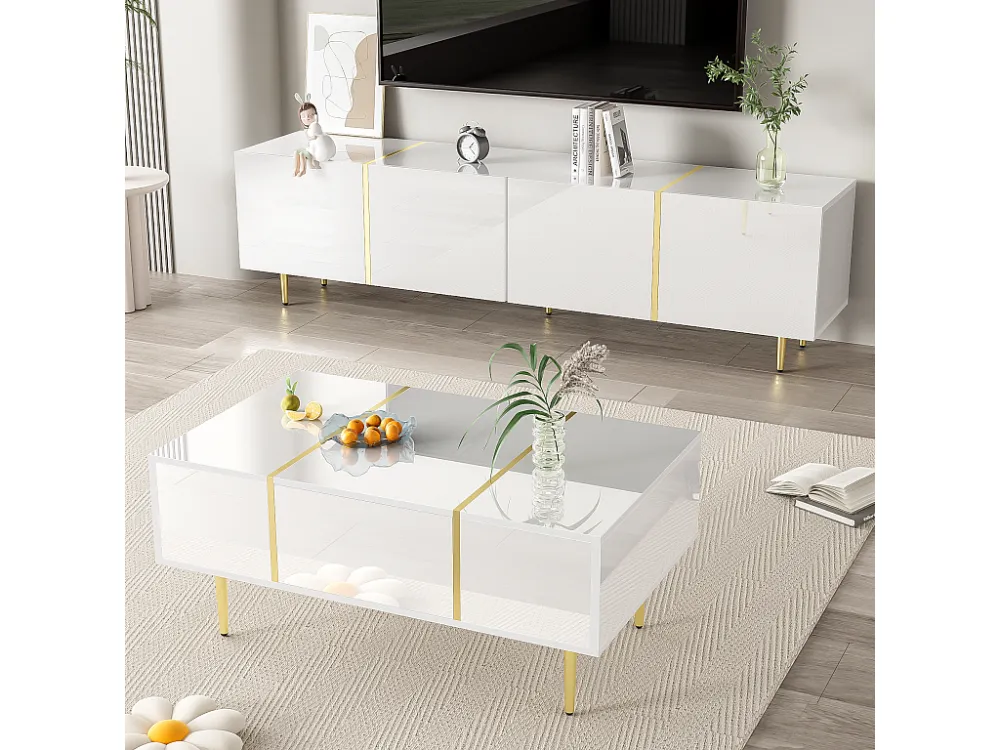 Moderne TV-kast en salontafelset - 170 x 35 x 46 cm + 100 x 60 x 41,5 cm - MDF hout en gouden poten - Glanzend wit Merax